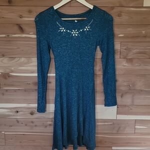 SO Long-Sleeve Dress in Teal with Embellished Neckline, Size 10/12, Butter Soft